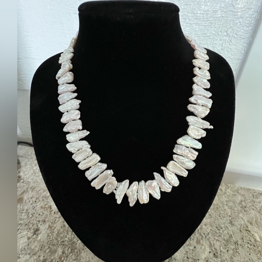 Keshi Biwa Baroque Genuine Organic Sterling Clasp Pinkish Cream Pearl Necklace